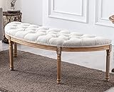 Kmax 55' Upholstered Bench Tufted Fabric Bench Vintage Semi-Circle Entryway Bench Carved Pattern&Rubber Wood Legs for End of Bed, Beige