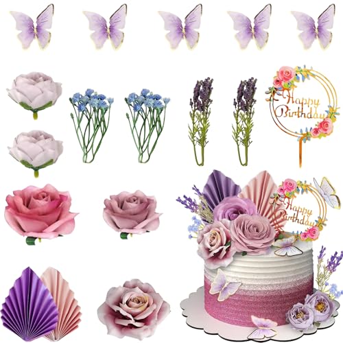 17Pcs Decoraciones de Pastel, Boho Decoracion Tarta, Decoración de Fiesta de Cumpleaños Boho, Flor Decoracion de Tarta para Bodas, Cumpleaños, Decoración de Pasteles de Bricolaje