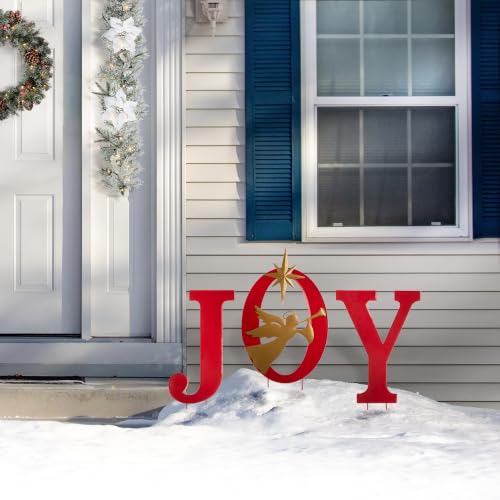 Glitzhome Joy Angel Garden Stakes, 36.02" H Metal Yard Stake Garden Ornaments Patio Decor Joy Yard Stakes Wall Décor Decorative Sign for Christmas Decorations