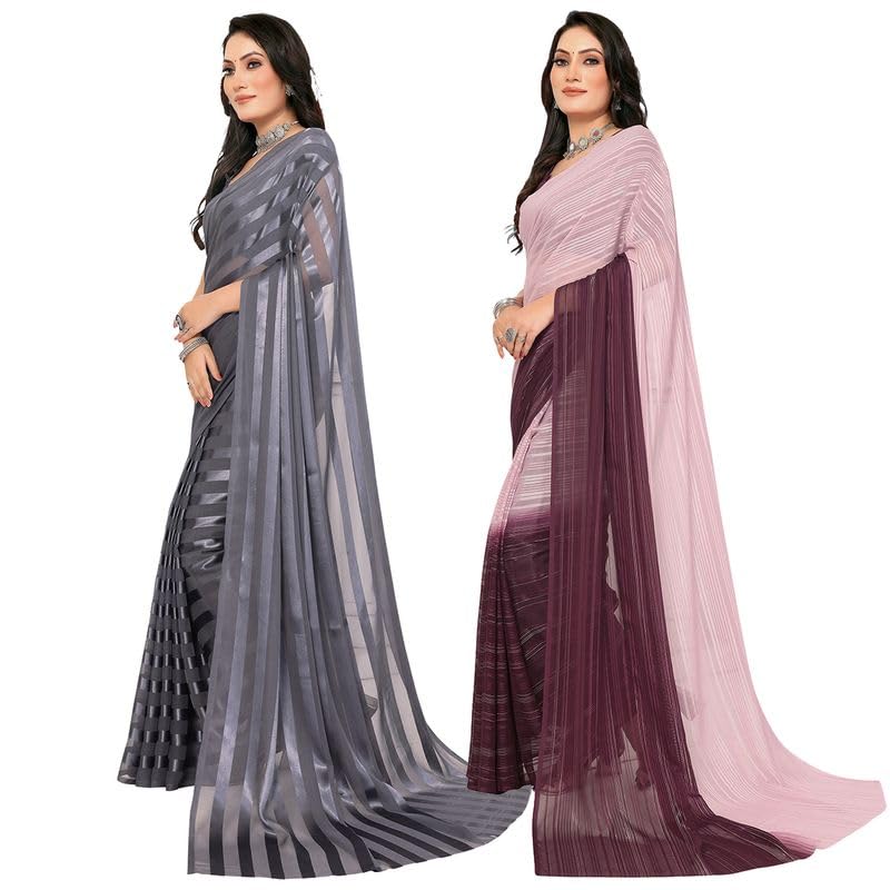 Image of Women's Multicolor Satin Striped Printed Saree with Unstitched Blouse Piece (Pack of 2) P2 MD RS WB SAT6001 1 WB SAT6013 9 BZ