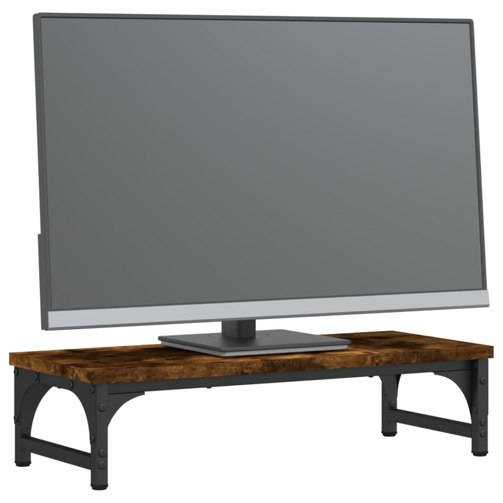 Homgoday Supporto per Monitor in Legno Multistrato Rovere Fumo 55x23x14 cm - Alza Monitor Ergonomico con Piedini Regolabili, Ripiano per Tastiera