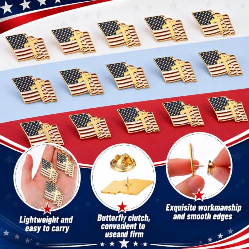 Image of Huquary Patriotic Cross with Waving American Flag Metal USA Flag Lapel Pins for American Patriotic Suits Jackets Hats Backpacks Clothes Decor