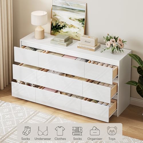 Image of White Dresser for Bedroom, 60.2 inch W High Gloss Large 9 Drawers Dressers with Handle Free, Wide High Gloss Chest of Drawers Large, Long Modern Storage Drawer Dresser for Bedroom, Living Room