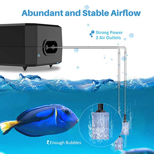 Homasy Upgraded Aquarium Air Pump, Easy to Use Quiet High Energy Saving Oxygen Pump for Fresh & Saltwater with 2 Air Outlets/Stones/Tubes, 1 Check Valve & Adjustable Air Valve & 3-Way Connector