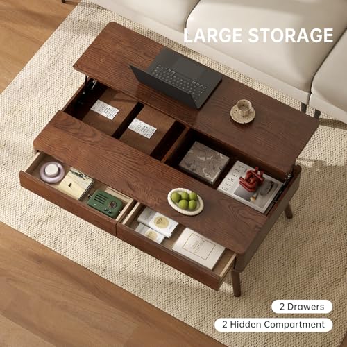 Lift Top Coffee Table,100% Solid Oak Wood Walnut Coffee Table with Drawers and Hidden Compartments, Rectangular Coffee Tables with Storage for Living Room Home Decor (47.24inch) - Image 6