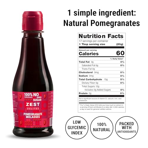 Image of Pomegranate Molasses by Zest Delites, No Sugar Added, 100% Natural Mediterranean Pomegranate Syrup for Salads, Meats, Drinks and Desserts, No Additives, Vegan, Gluten Free, 12 oz (Pack of 3)