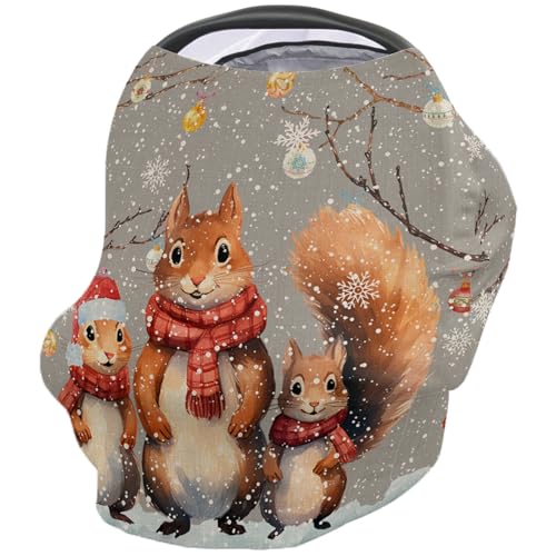 Nursing Cover for Breastfeeding Scarf, Christmas Cartoon Squirrel Family Snow Baby Car Covers Super Soft Multi Use for Canopy Shopping Cart Cover Blanket Stroller Cover