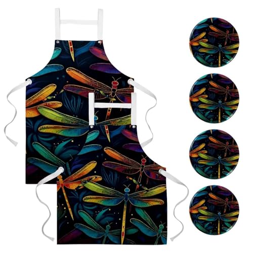 Lot de 2 tabliers de cuisine libellules galaxie imperméables