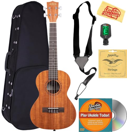 Kala KA-15T Satin Mahogany Tenor Ukulele Bundle with Hard Case, Tuner, Strap, Strings, Austin Bazaar Instructional DVD, and Polishing Cloth