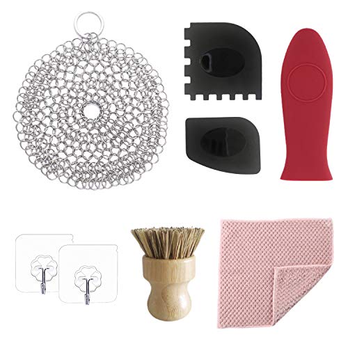 Cast Iron Skillet Cleaner, Stainless Steel Chainmail Scrubber Bamboo Scrub Cleaning Brush Hot Handle Holder Kitchen Towel Wall Hooks Grill Scrapers for Pan Pot Cookware Cleaning Darmulty (8 in 1)