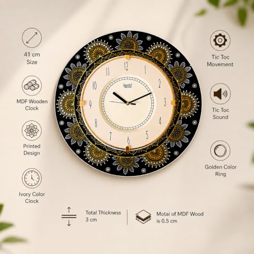 Image of Ajanta 41 CM MDF Wooden Wall Clock with Printed Ethnic Design, Tic TOC Movement for Home Living Room Office