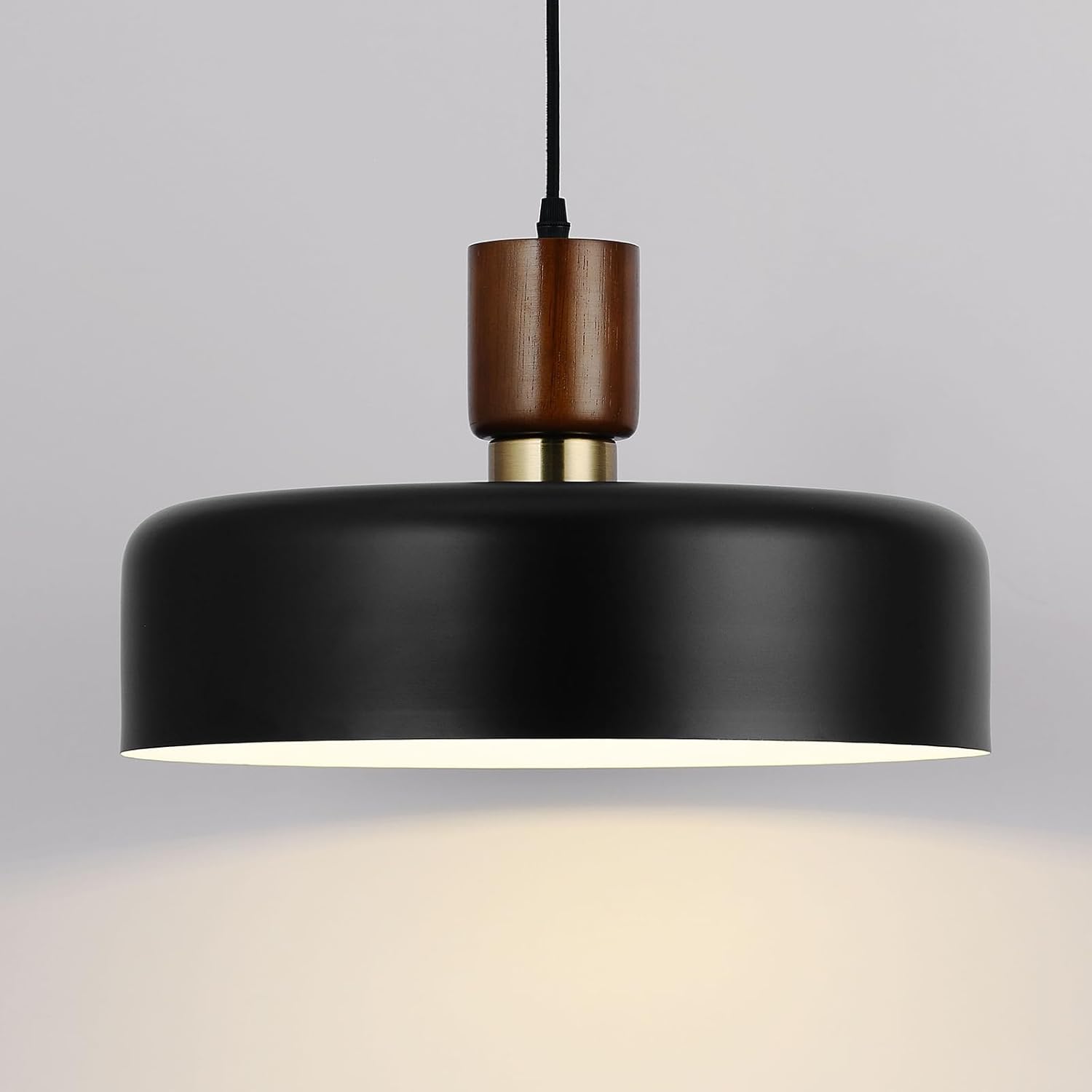 Industrial Pendant Light, Rubber Wood Dome Hanging Lamp with 15.8" Hammered Metal Shade, Black Modern Light Fixtures for Kitchen Island, Living Room,Restaurant,Farmhouse Dining Room, Bedroom, Hallway 15.8in