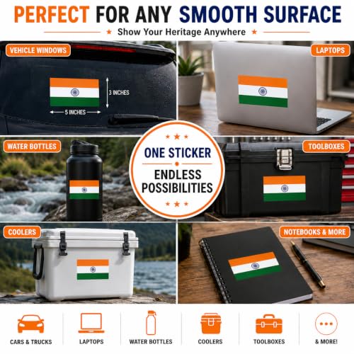 Image of Indian Vinyl Flag Stickers, Car Decals, Waterproof Indoor Outdoor, Laptop Stickers, Car Bumper, India Flag, 5 x 3 Inches, Set of 3