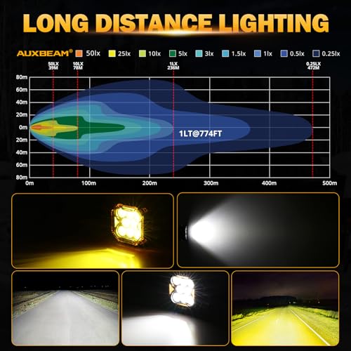 Image of Auxbeam Cube-Z Series 4 inch Led Pods with Amber Covers, 112W 12800LM Flood Offroad Driving Lights with DRL Turn Signal, Cube Ditch Lights with DT Wiring Harness for Jeep Offroad ATV UTV, Pair