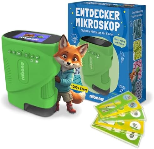 Rabano Digitales Mikroskop Kinder | Abenteuer Mikroskop für Kinder | Grün | Tragbares Kinder Mikroskop mit 1000x Zoom und HD-Bildschirm | Digitales Mikroskop Kinder für Experimente