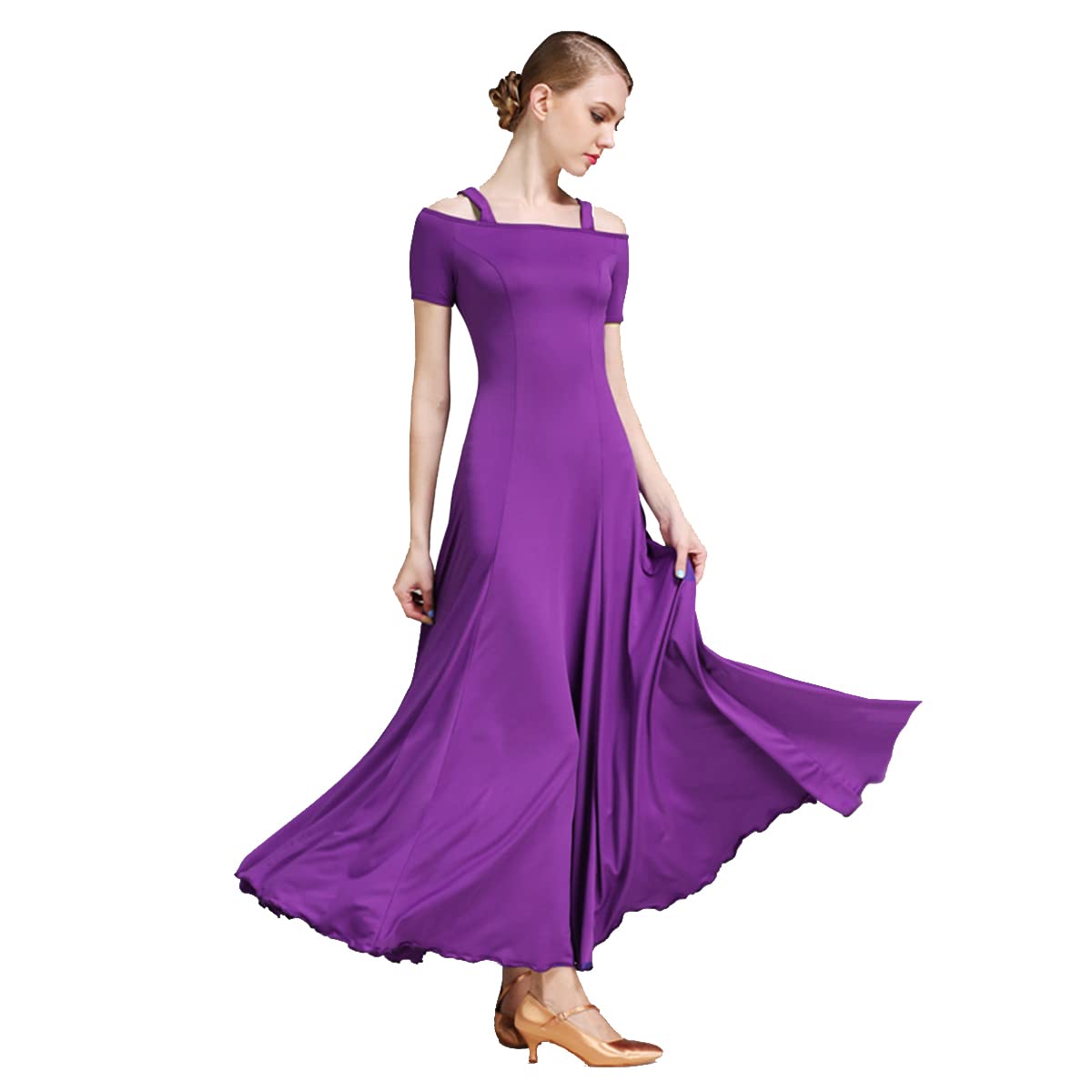 Kobieta? moda seksowna sukienka na ramię solidna długa sukienka na imprezę elegancka sukienka nowoczesna walc ubrania do tańca balowego taniec duża spódnica swingowa odzież performance (XXL, fioletowy)