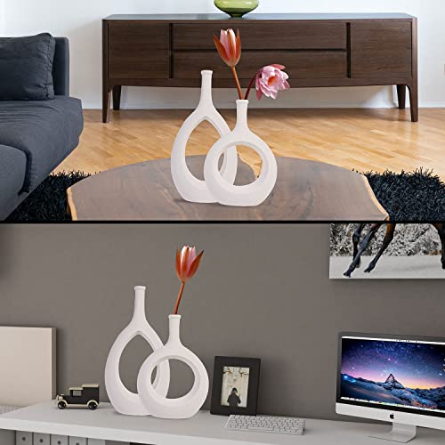 Ceranee White Hollow Vase Set Of 2, Oval Vases For Centerpieces Decor, Frosted Geometric Ceramic Flowers Vase With Hole In Center For Home Décor Office Decoration Figurines Ornament, 1St Gen #TOP7