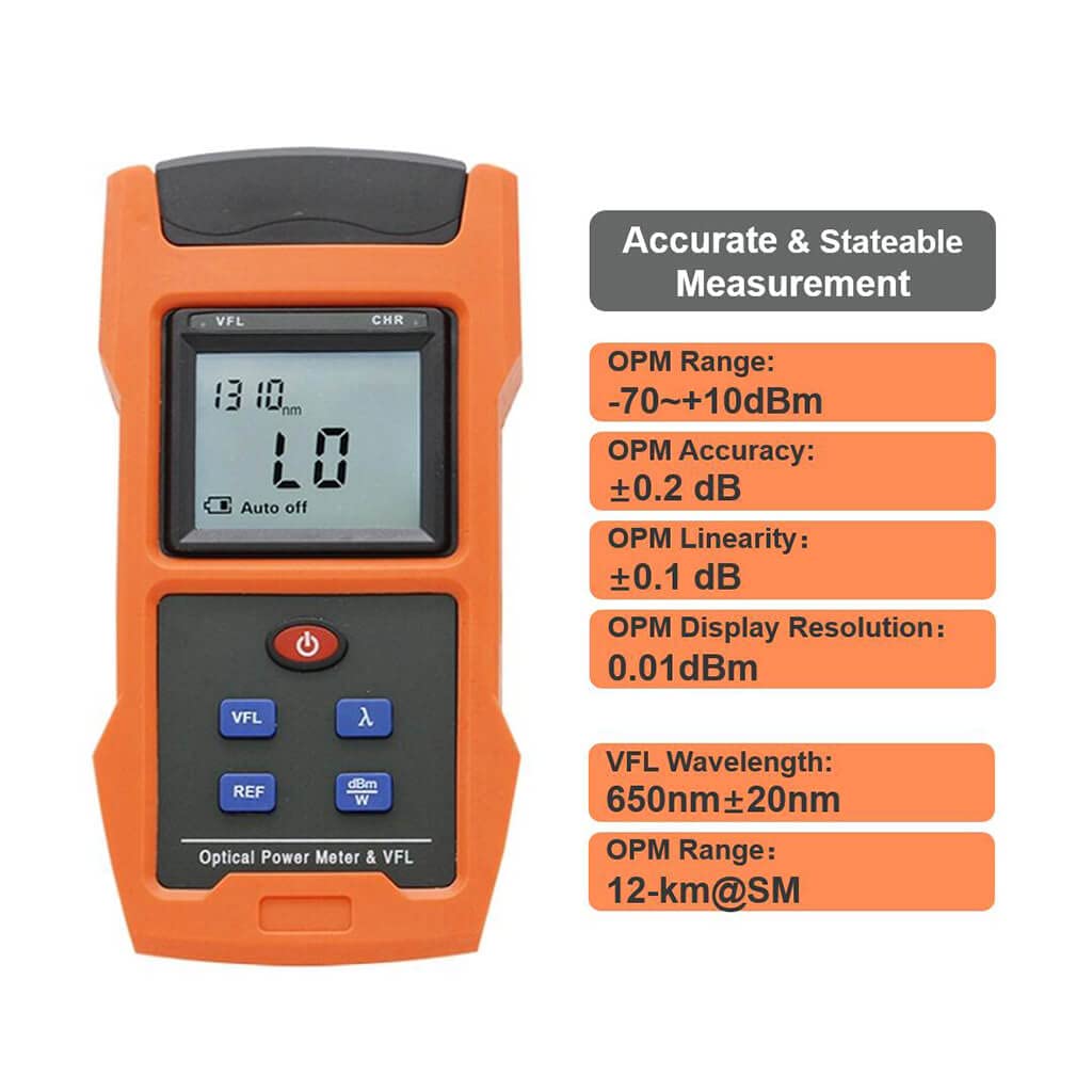 2 en 1 Medidor de Fibra Óptica Alimentado por Batería Recargable Medidor de Potencia Óptica -70~+10dBm con Localizador Visual de Fallas