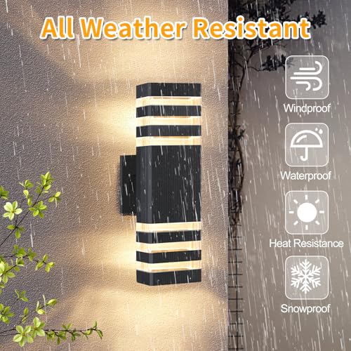 Komalela 3-Layer Up and Down Modern Outdoor Wall Lights, 2-Pack Black Aluminum Exterior Sconce, IP65 Waterproof for Porch Garage Patio, Warm White 3000K by Komalela - Used condition - Image 2