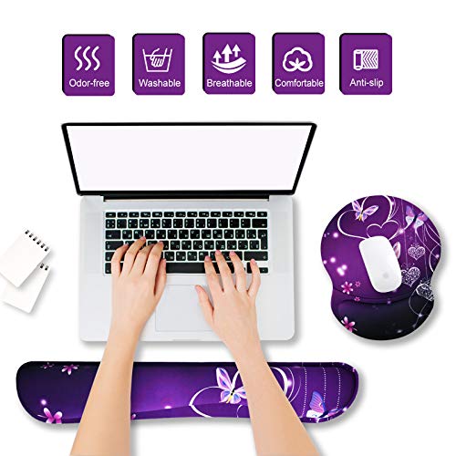 Artso Upgraded Wrist Rest Support For Mouse Pad & Keyboard, Ergonomic Gel Mousepad Non-Slip Rubber Base Home,Office Pain Relief, Easy Typing Cushion Neoprene, Soft Memory Foam, Purple Heart Butterfly #TOP1