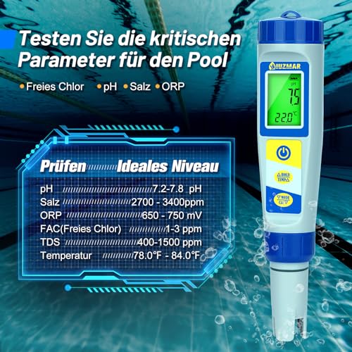 UIUZMAR Digitales pH und Chlor Messgerät, Pool Wassertester für Whirlpool, pH und Salzgehalt Messgerat für Schwimmbäder, 7 in 1 pH Salz Chlor ORP EC TDS Temperatur Tester für Hydrokultur Aquarien