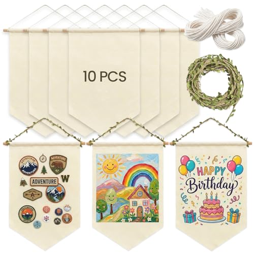 10 Pcs Beige Blank Canvas Banner Set - Premium Cloth Banner & Wall Banner Pennant Flags with Wooden Dowels & Burlap Leaf Ribbon Twine & White Cotton String - DIY Banner & Fabric Sign for Badges Patches & Decor