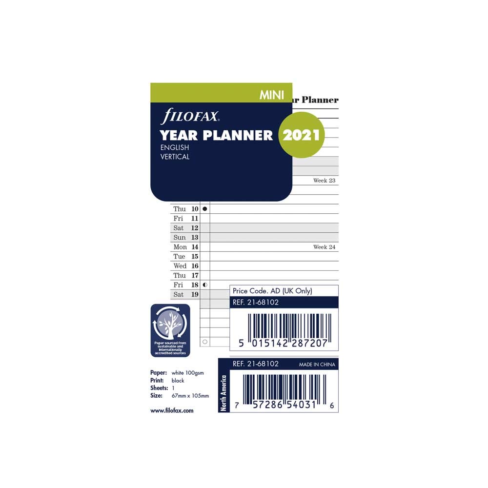Filofax Ricarica 2021, mini, agenda verticale, inglese, 2021, 4,125 x 6,7 cm (C68102-21)