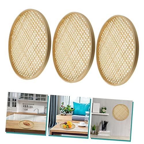 Showeroro 58EU2PP361D09QWD 3Pcs Bamboo Sieve Round Baskets Woven Storage Baskets Woven Tray Fruit Rattan Tray Woven Fruit Basket Natural Basket Bamboo Colander Basket Bamboo Weaving Sieve Vegetable Food thumb #8