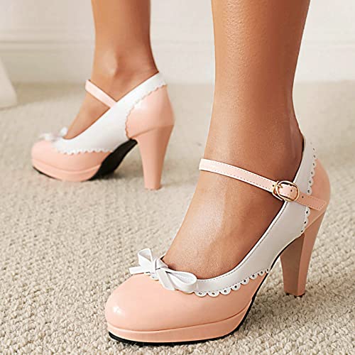 LUXMAX Womens Rockabilly Shoes Patent Leather Mary Janes Platform Block High Heel Ankle Strap Pumps Bow Vintage Wingtip Shoes2