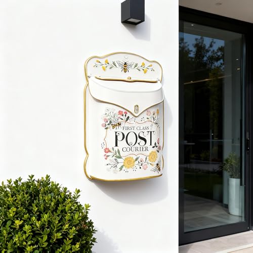 Image of Wall Mount Mailbox for Outside Vintage Mail Boxes for House Outside Metal Door Mailbox Drop Box Antique Style Nostalgic Charm Home Decorative, Flower Pattern, Pink