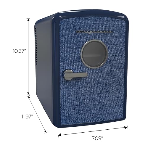 Frigidaire Mini Personal Fridge Cooler, 1 Gal Capacity fits 9 Cans, Includes Plugs for Home Outlet & DC Charger - 9.84" D x 7.09" W x 10.35" H, Indigo Denim Fabric Door - image 7