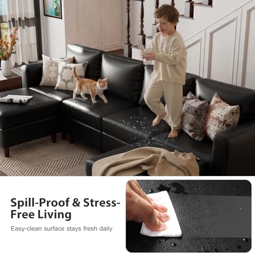 Image of ABCASA Oversized Modular Sectional Sofa, 118.5 inch Faux Leather 6 Seater U Shaped Couch with Movable Ottoman and Storage Seat with Reversible Chaise Deep Seat for Living Room Black