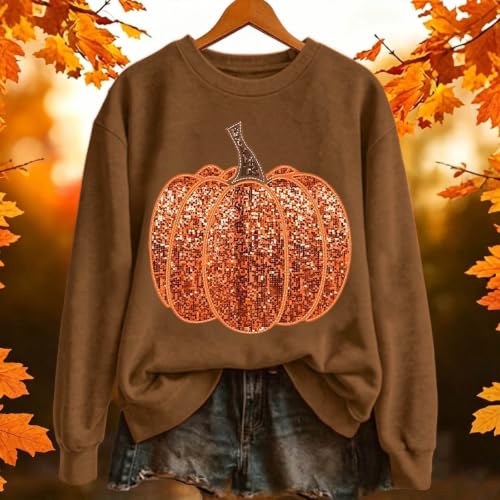 TRCELECTROP Pumpkin Graphic Sweatshirts for Women Sequin Pumpkin Halloween Sweatshirt Oversized Thanksgiving Crew Neck Top Brown - image 3