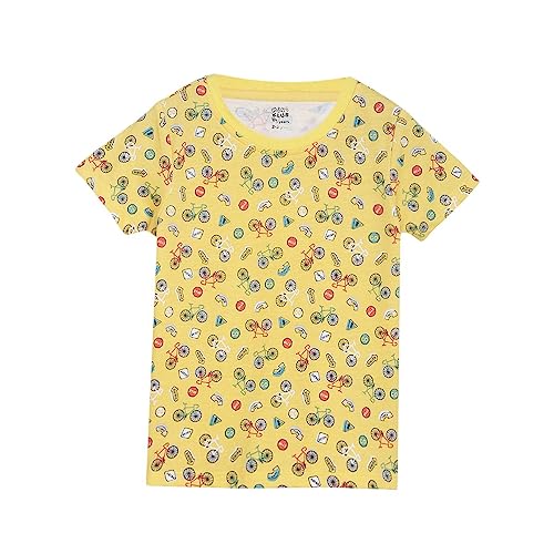 Image of miniklub Girls Yellow Printed Round Neck Pure Cotton T-Shirt