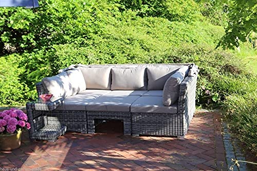 Beauty.Scouts 5-TLG. Loungesofaset Bali Rattan grau Polyrattan inkl. Polster Taupe mit Sonnendach Gartenpolster Loungemöbel Gartenlounge wetterfest – Bild 5