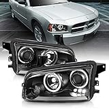 AmeriLite Black Dual LED Halo Projector Replacement Headlights Set for 06-10 Dodge Charger -...