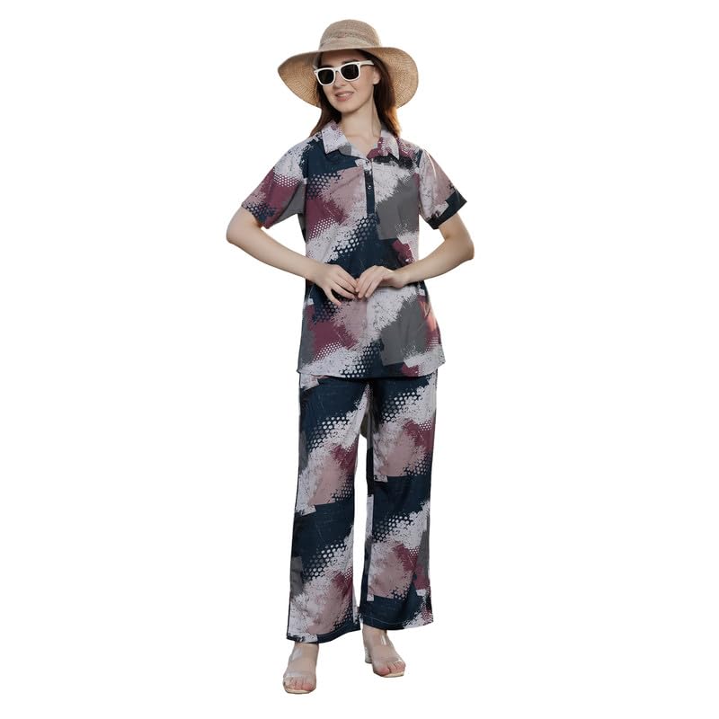 Riza Rayon Fabric Short Sleeves Collar Neck Printed Top and Palazzo Night Suit Set/NS-2142-image-24