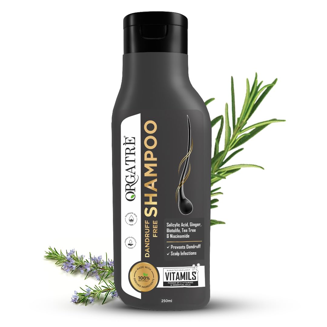 Orgatre Anti Dandruff Shampoo 250ml | Tea Tree, Ginger & Rosemary Extracts with Aloe Vera & Zinc Pyrithione | Sulphate Free Herbal Shampoo for Flake Control, Itchy Scalp & Hair Fall Reduction | Men & Women, All Hair Types