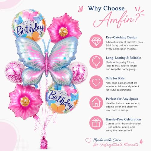 Image of AMFIN (Pack of 7) Large Butterfly Foil Balloons 34 Inch Gradient Birthday Party Decorations | Helium & Air Compatible - Pink