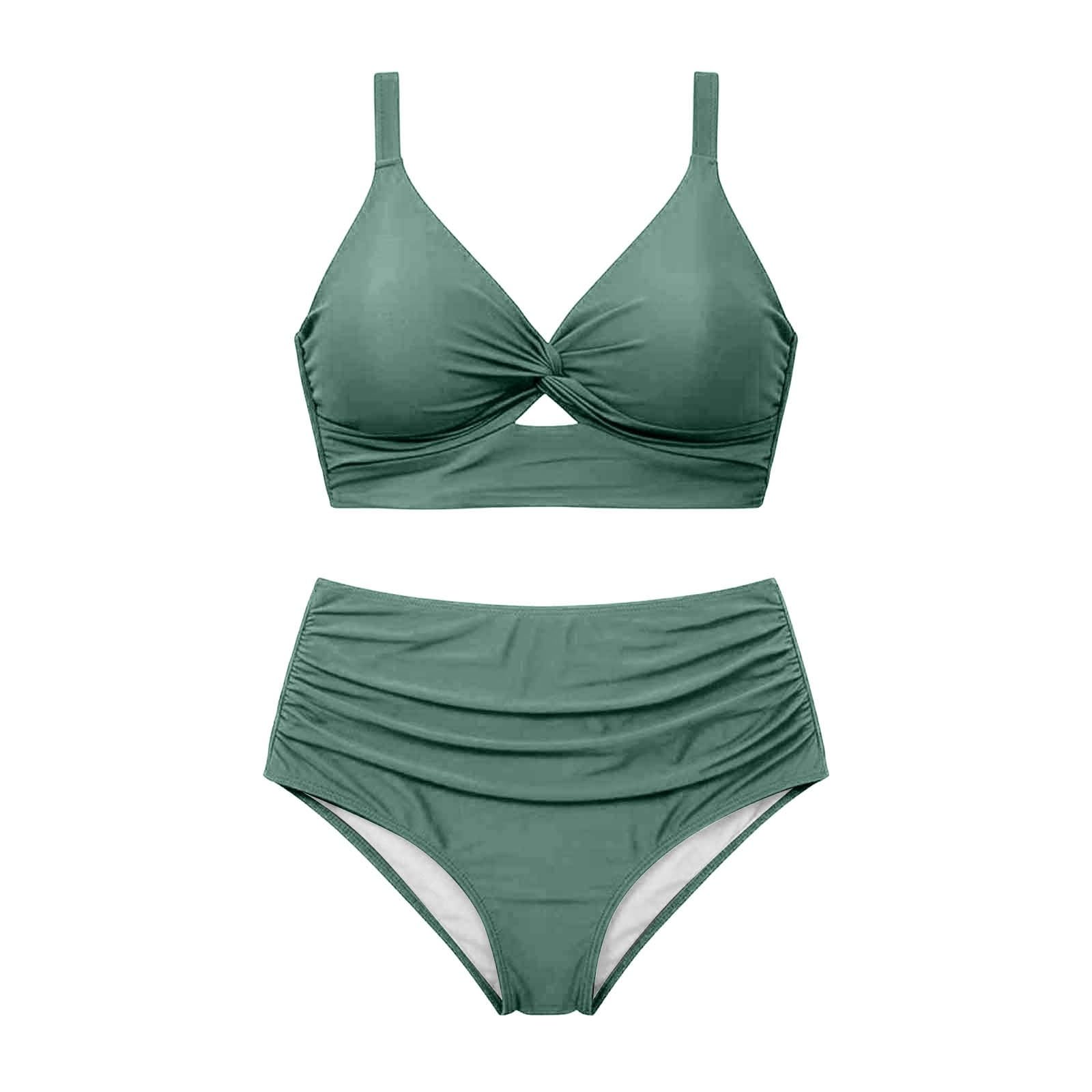Bikini de dos piezas de talla grande con braguitas de corte alto con aros en la parte superior, azul, L
