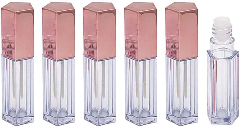 6PCS 10ml/0.33oz Portable Pentagon Clear Lip Glaze Tubes with Lipstick Brush Empty Refillable Plastic Lip Gloss Pipes Traveling Sample Storage Jars Pots Vial for Girls Womenï¼ˆRose Goldï¼‰
