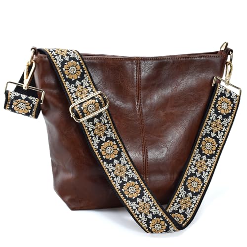 Image of Hobo Bags Vegan Leather Crossbody Bag Guitar Strap Shoulder Purses with Zipper Handbags for Women