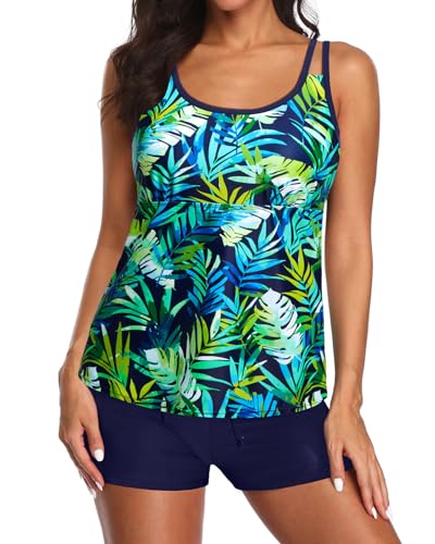 Image of Tempt Me Two Piece Tankini Swimsuits for Women Tummy Control Bathing Suit with Shorts Athletic Two Side Pockets Swimwear