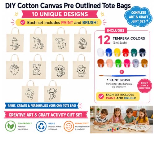 Image of (Pack of 10)- DIY Eco-Friendly Canvas Tote Bags for Kids- Pre-Outlined Designs for Painting | Perfect Return Gift for Kids Birthday Party | Reusable Cotton Bags (Includes Paint and Brush- Design 1)