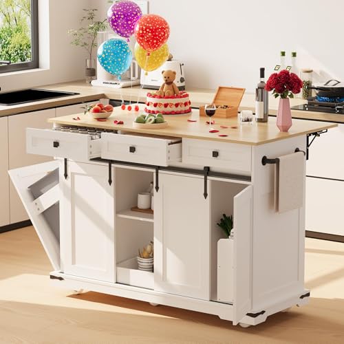 Large Rolling Kitchen Island with Power Outlet, Mobile Kitchen Cart on Wheels with Drop Leaf, 3 Drawers, Trash Can Storage, Spice Rack, Towel Holder, Kitchen Island Table for Dining Room, Ho