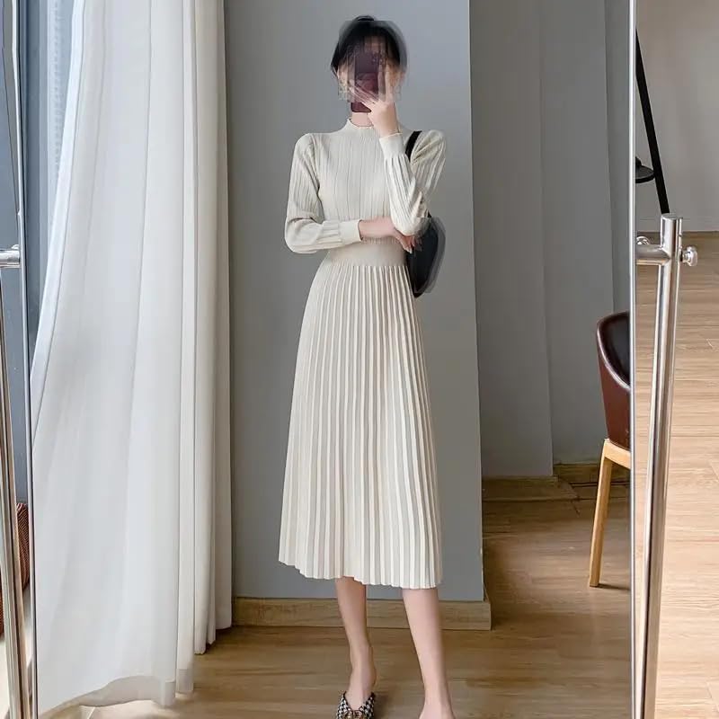 Vestido de punto de manga larga y cintura alta para mujer, vestido midi plisado para otoño e invierno
