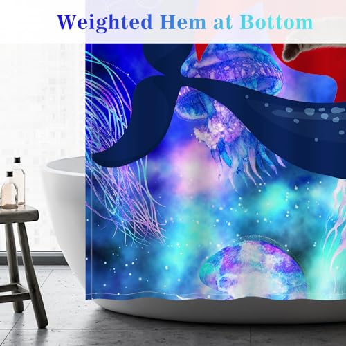 Image of Aimego Extra Long Shower Curtain - Funny Cute Cat Riding Whale on Space Galaxy Fantasy Jellyfish Fabric Cloth Shower Curtain Set with 12 Hooks for Kids Bathroom Decor Bathtub Curtain, 72 inchx84 inch