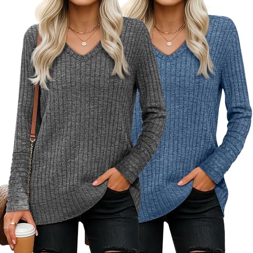 Ficerd 2 Pack Women V Neck Sweaters Long Sleeve Tunic Tops Lightweight Solid Color Casual Tunics Shirts