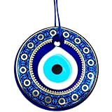 Erbulus Glass Blue Evil Eye Wall Hanging Gold and Navy Flower Pattern Ornament - Turkish Nazar Bead - Home Protection Charm - Wall Decor Amulet (Blue)