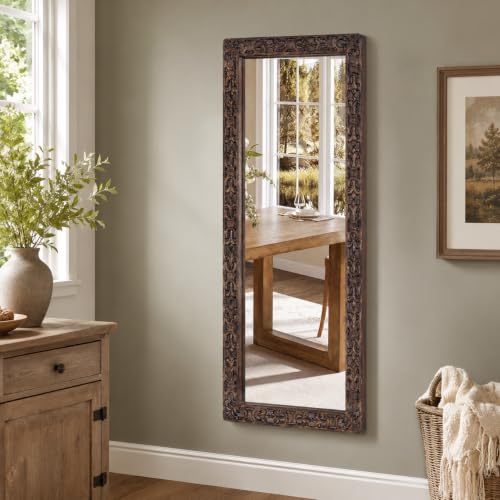 Image of Wooden Bathroom Wall Mirror,Solid Wood Frame,52x20x1.25 Burnt Brown | Farmhouse Decorative Wall Mirror for Bathroom, Bedroom, Living Room & Entryway, Vertical /Horizontal Hanging
